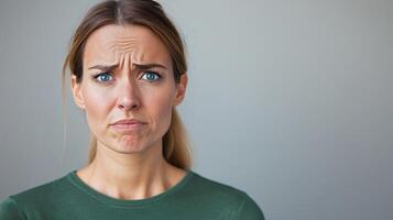 A concerned woman displays a furrowed brow, reflecting feelings of worry or confusion against a neutral background. photo