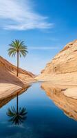 Desert and oasis solitude concept. A serene desert landscape featuring a palm tree reflected in calm water. photo