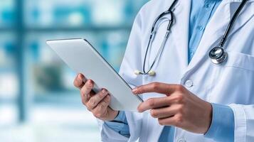 A healthcare professional in a white coat uses a tablet device, symbolizing modern medicine and technology integration in patient care. photo