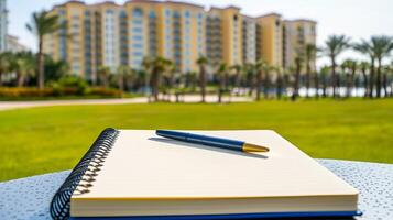 A notebook and pen sit on a table, with a view of palm trees and buildings in the background, indicating a serene outdoor workspace. photo