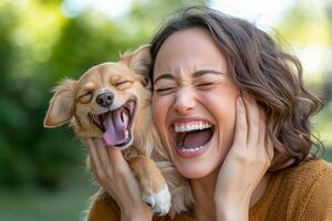 A joyful moment shared between a woman and her dog, both smiling widely, capturing the essence of happiness and companionship. photo