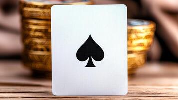 A close-up of a playing card featuring a black spade symbol, set against a background of stacked poker chips. photo