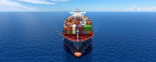 A large cargo ship filled with colorful containers sails across a calm blue ocean under a clear sky. photo