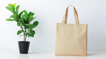 A natural setting featuring a woven bag next to a potted plant, creating a fresh and eco-friendly aesthetic. photo