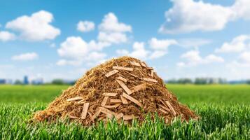 A mound of wood chips sits on lush green grass under a bright blue sky with fluffy clouds, showcasing a blend of nature and organic materials. photo