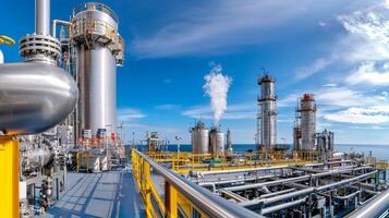 A panoramic view of an industrial facility with towering structures, pipes, and clear blue skies, indicative of energy production and processing. photo