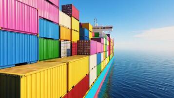 A colorful cargo ship filled with stacked containers is sailing on calm waters under a clear blue sky. photo