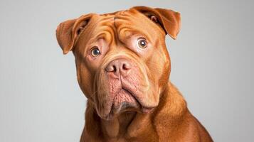A close-up portrait of a brown dog with a distinctive face, showcasing its expressive eyes and unique features against a neutral background. photo