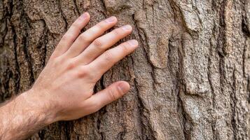 A hand gently touches the rough bark of a tree, highlighting the connection between humans and nature. photo