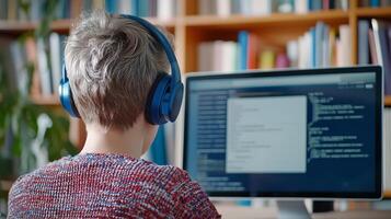 A person with short hair wearing headphones is engaged in coding on a computer, surrounded by bookshelves in a cozy environment. photo