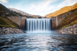 Waterfall stream with eco friendly concept. A stunning waterfall cascading over a dam, surrounded by lush green hills and a serene river. photo