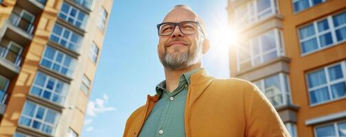 A smiling man stands outdoors in front of modern buildings, illuminated by sunlight, wearing glasses and a stylish cardigan. photo