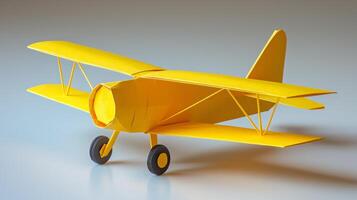 A vibrant yellow model airplane displayed against a neutral background, showcasing its detailed design and craftsmanship. photo