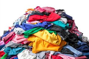 A colorful pile of assorted clothing items, showcasing various fabrics and colors in a disordered fashion. photo