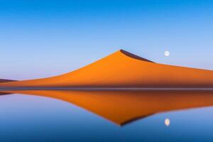 Desert and oasis solitude concept. Serene desert landscape with a dune, water reflection, and a bright moon in the background. photo