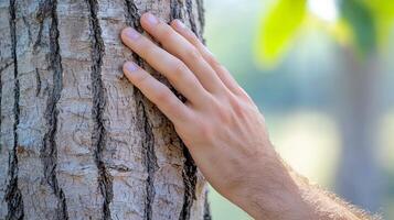 A hand gently touches the textured bark of a tree, symbolizing a connection with nature and the environment. photo