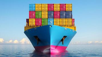 A vibrant cargo ship loaded with colorful containers sails across calm waters under a clear blue sky. photo