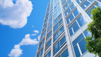 A modern high-rise building with large glass windows, surrounded by greenery and under a clear blue sky. photo