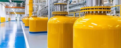 A vibrant industrial interior featuring yellow storage tanks lined up along a sleek, modern floor in a facility designed for gas or chemical processing. photo