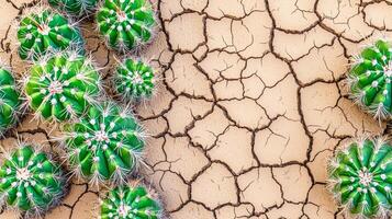 Desert and cactus seasonal concept. Cacti thrive in a cracked, dry landscape showcasing resilience and beauty in arid conditions. photo