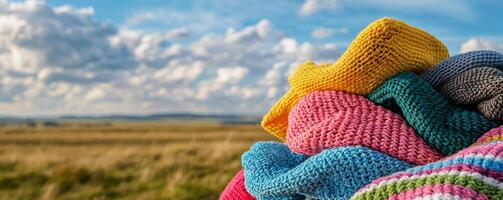A vibrant stack of colorful knitted fabric contrasts beautifully with a scenic landscape and clouds in the background. photo