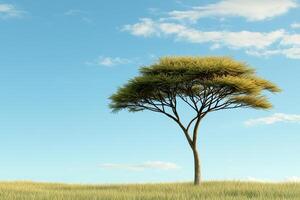 A solitary tree stands against a clear blue sky, surrounded by open grassland, creating a serene and peaceful landscape. photo