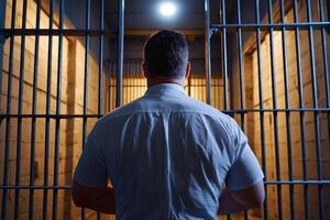 A solitary figure stands in front of prison bars, illuminated by a dim light, evoking a sense of confinement and reflection. photo