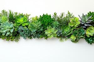 A vibrant arrangement of various succulent plants, showcasing lush greens and unique textures against a light background. photo
