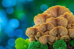 A vibrant close-up of a mushroom cluster set against a dreamy blue background, showcasing intricate textures and colors. photo