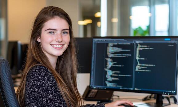 un joven mujer sonrisas mientras trabajando a un computadora en un oficina, exhibiendo líneas de código en el pantalla. foto