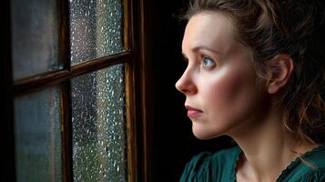 A contemplative woman gazes out a rain-streaked window, reflecting a moment of introspection and emotion. photo