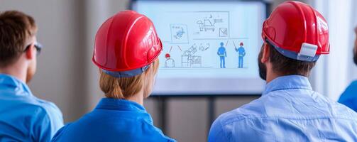 Workers in safety helmets attend a training session, focusing on instructional materials displayed on a screen. photo