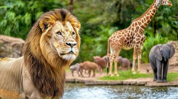 A majestic lion gazes into the distance, with a giraffe and elephants in the background, creating a vibrant wildlife scene. photo