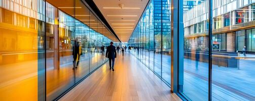 A modern hallway featuring large glass panels, wooden floors, and a reflective surface, creating a bright and spacious atmosphere. photo