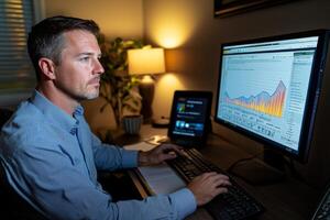 A man analyzes data on computer screens, highlighting graphs and trends in a dimly lit room. photo