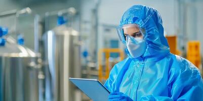 A professional in protective gear reviews data on a tablet in a clean industrial environment, emphasizing safety and precision. photo