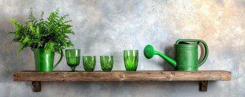 A rustic shelf displays green glassware and a watering can, complemented by a vibrant fern, creating a fresh, nature-inspired decor. photo