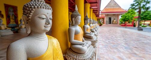A serene pathway lined with stone Buddha statues, showcasing intricate details against vibrant temple architecture. photo