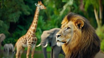 A majestic lion gazes into the distance, with a giraffe and elephants in the lush, green background, showcasing a vibrant wildlife scene. photo