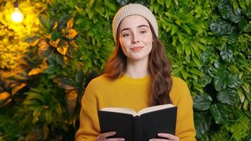 A woman in a cozy yellow sweater and knitted hat smiles while holding an open book in front of a lush green backdrop. photo