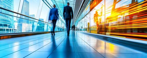 Two business professionals walking in a modern, brightly lit urban corridor, with vibrant reflections and a sense of motion. photo
