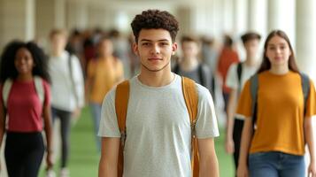 Higher education with students and policy concept. A group of diverse students walking through a school corridor, focused on their path ahead. photo