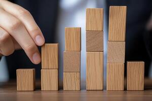 Leadership and entrepreneurship growth mindset concept. A hand arranges wooden blocks into a bar graph, symbolizing growth and progress. photo