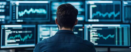 Operations of data science in business concept. A person analyzing financial data on multiple computer screens in a dark environment. photo