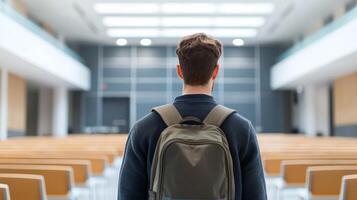 Higher education and innovation degree concept. A person with a backpack stands alone in an empty auditorium. photo