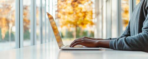 Curriculum higher education with students concept. A person typing on a laptop with autumn foliage visible through the windows. photo