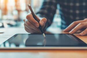 Brainstorming for team collaboration tools concept. A person writing on a digital tablet with a stylus in a bright environment. photo