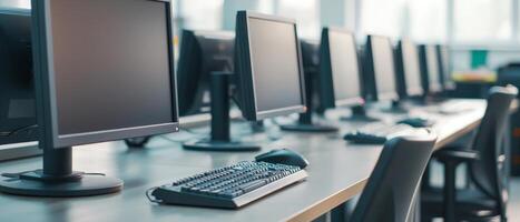 Higher education with students and policy concept. A row of desktop computers with keyboards in a bright, modern workspace. photo