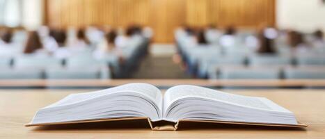 Curriculum higher education with students concept. An open book on a table with a blurred classroom in the background. photo