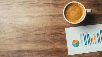 Determination of entrepreneurship growth mindset concept. Coffee cup beside a report with colorful charts on a wooden table. photo